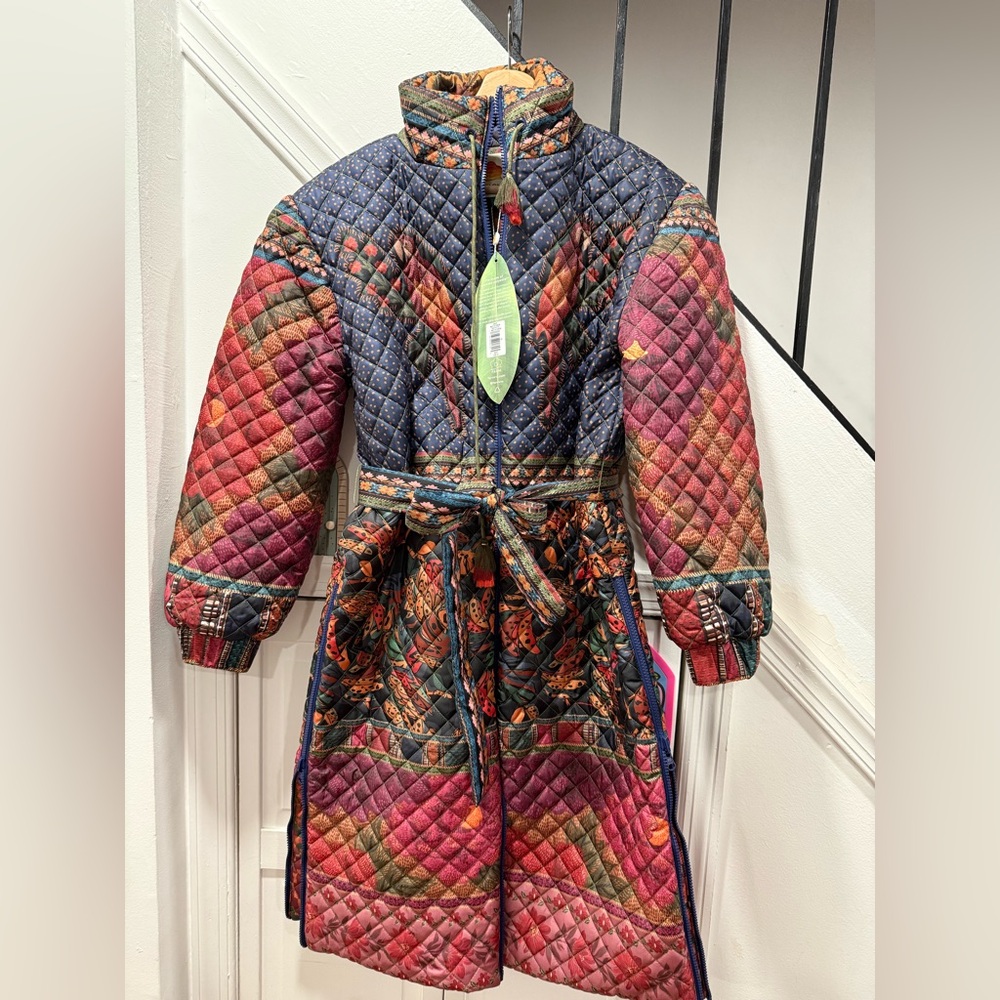FARM RIO Mixed Patchwork Reversible Midi Belted Puffer Jacket (NWT)
